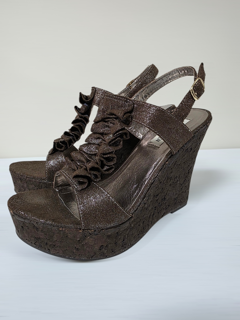 Steve Madden Y2K Metallic Dark Brown Ruffle T-Strap Cork Wedge Sandals SIZE 8
